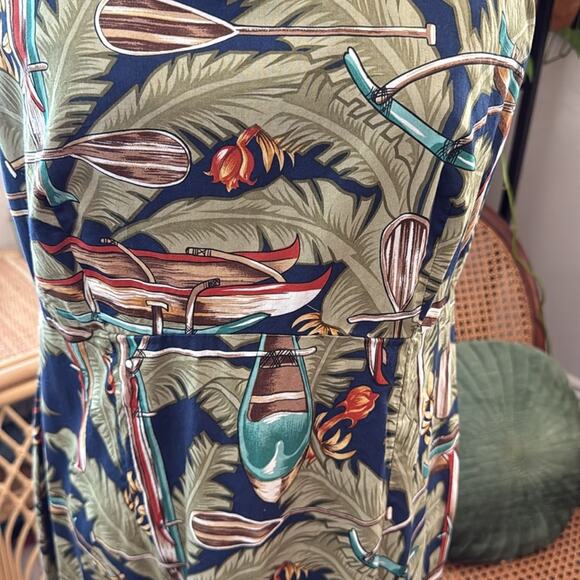 Hilo Hattie Mid-2000s Navy & Green Hawaiian Canoe Print Cotton Maxi Dress - Picture 3 of 5